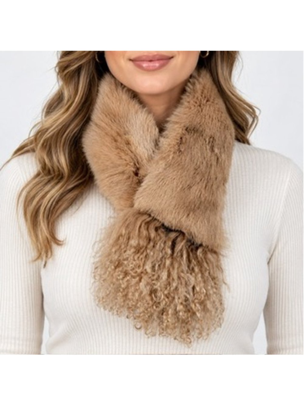 C.C. Brand 100% Real Rabbit Fur Scarf Camel Beige Mixed Texture Curly Trim OS